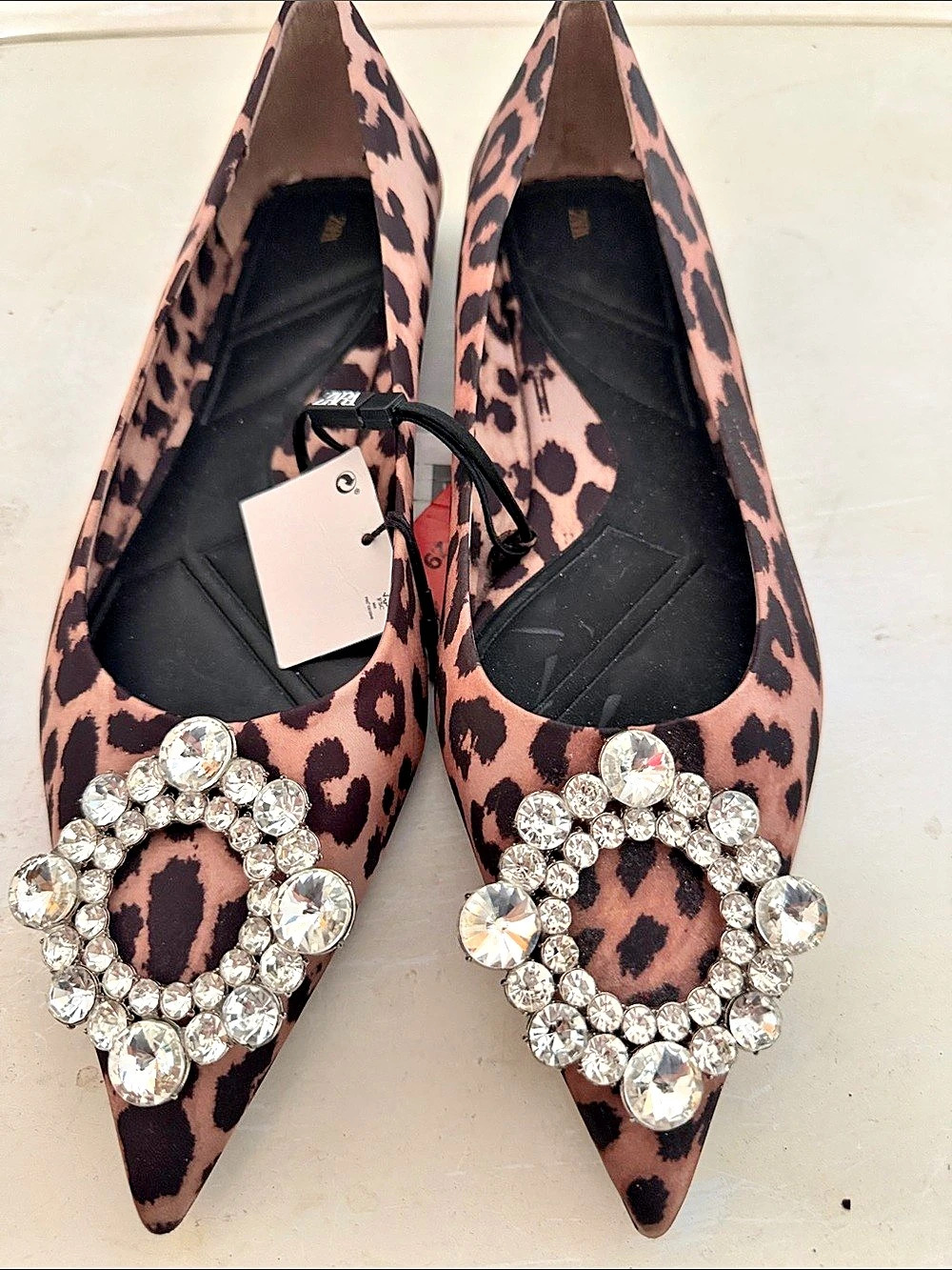 Zara Leopard Print Rhinestone Buckle Flat Shoes